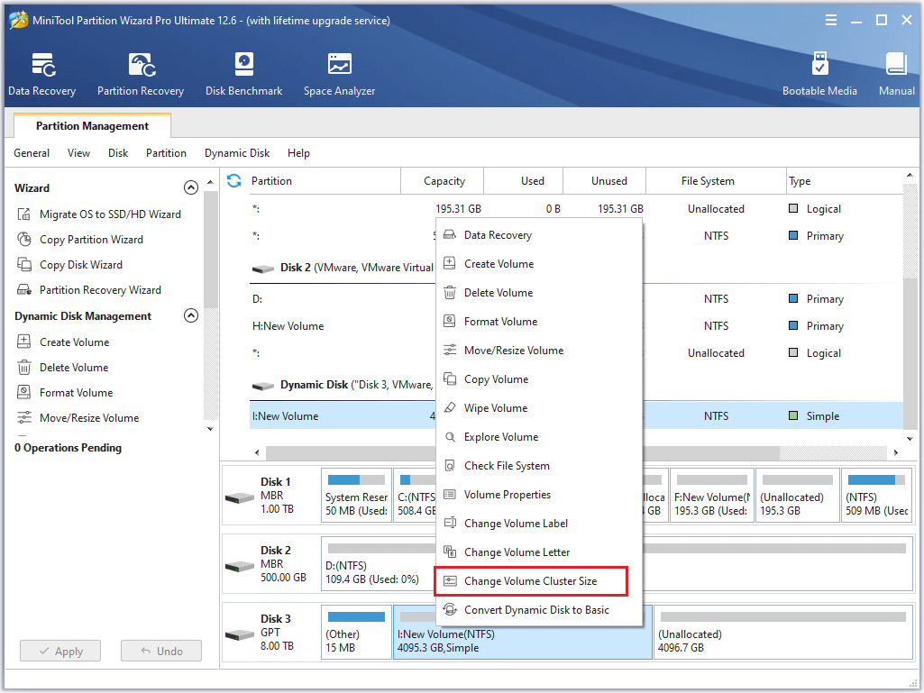 select the Change Volume Cluster Size option