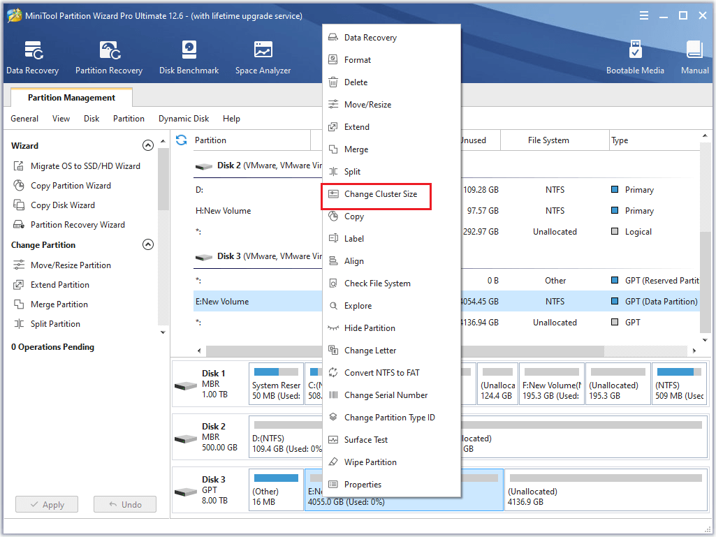 select the Change Cluster Size option