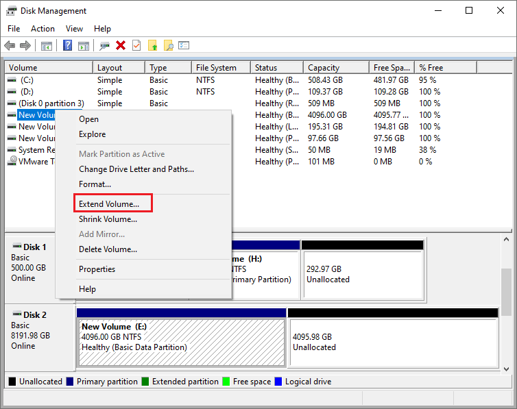 extend the partition in Disk Management