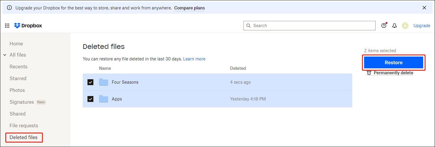 restore deleted files in Dropbox