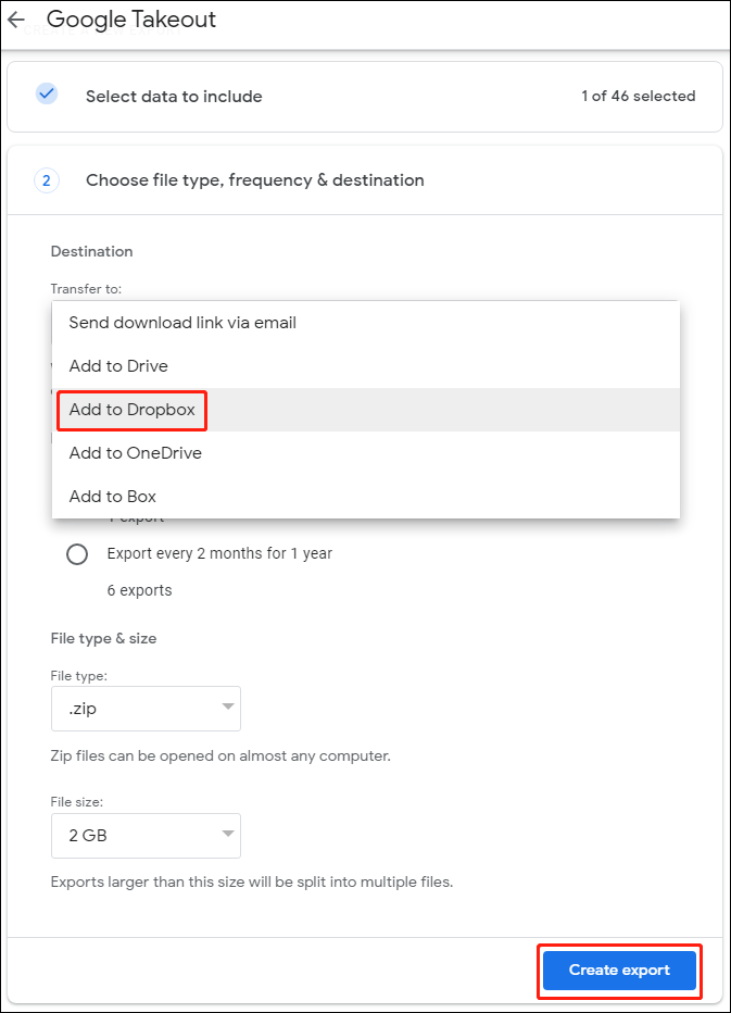 click Create export