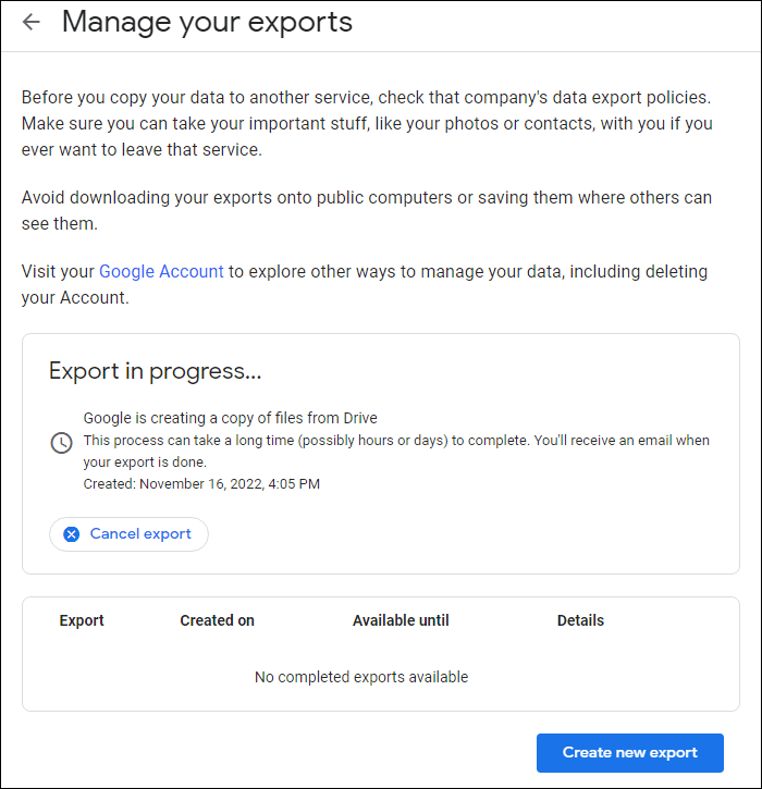 click Create new export