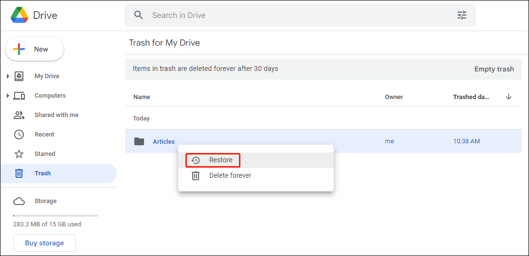 click Restore