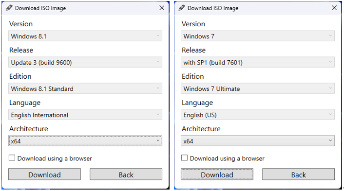 available Windows 8.1 and Windows 7 ISO images in Rufus