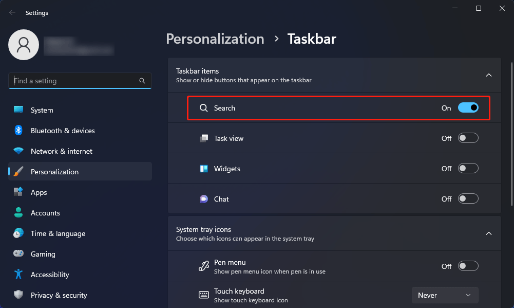 show or hide the search icon in taskbar