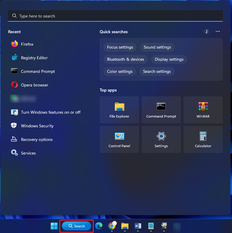 open Search from the taskbar