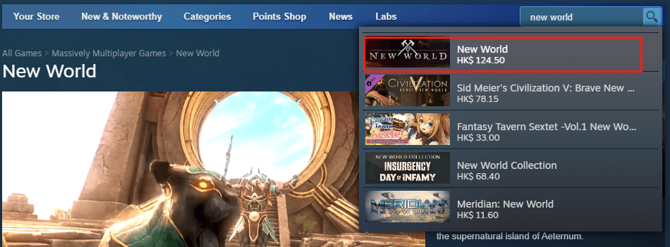 search for New World from Steam Store