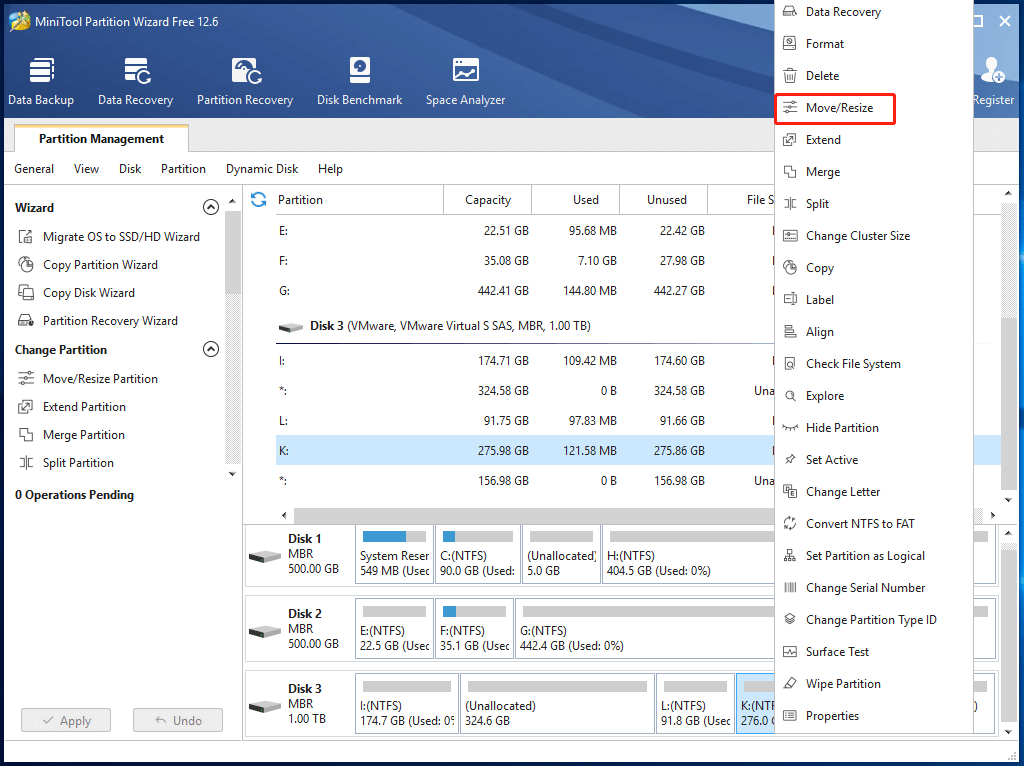 click move or resize partition