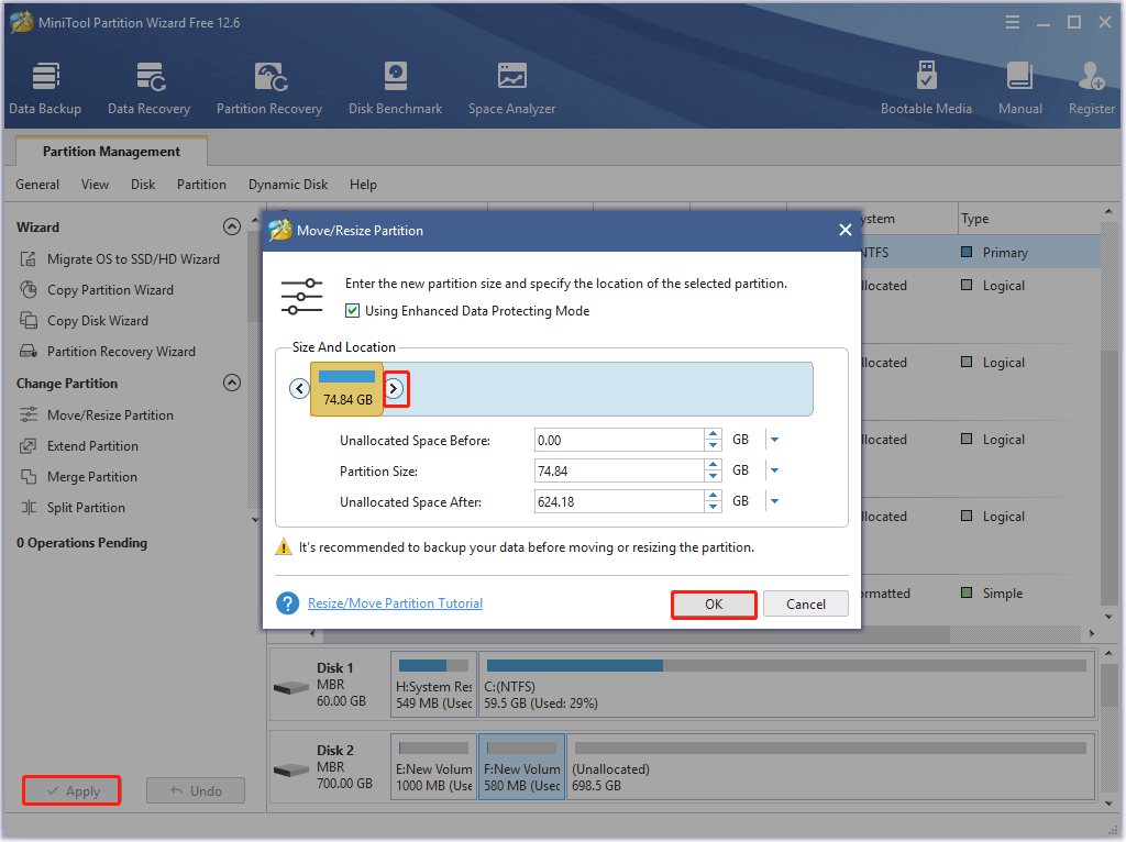 move resize partition