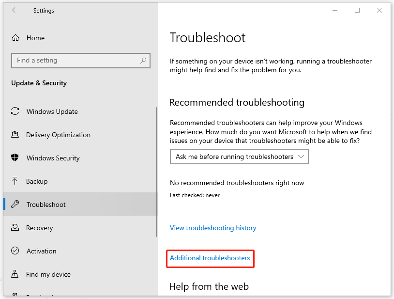 click Additional troubleshooters