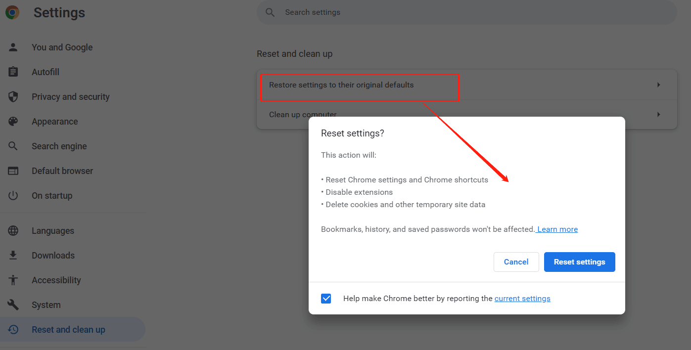 reset Chrome to default settings