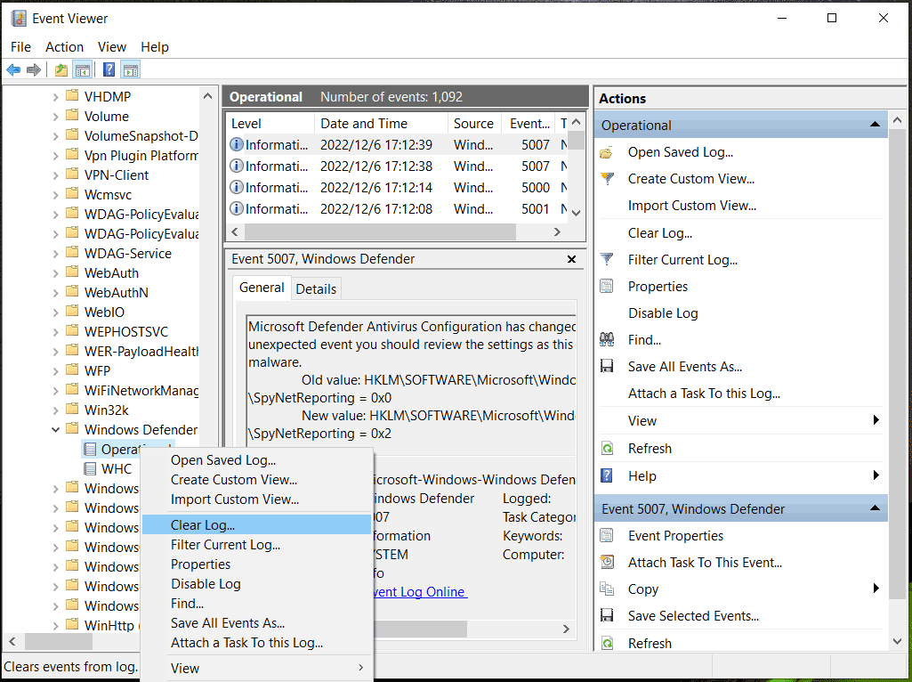 clear Operational log in Windows Defender