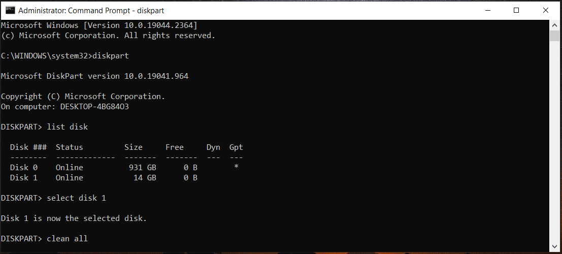 clean computer hard drive via diskpart