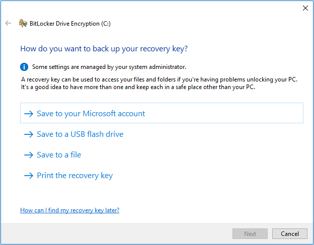 choose how to back up the BitLocker recovery key