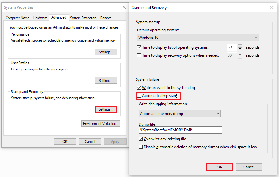 uncheck the Automatically restart box and click OK