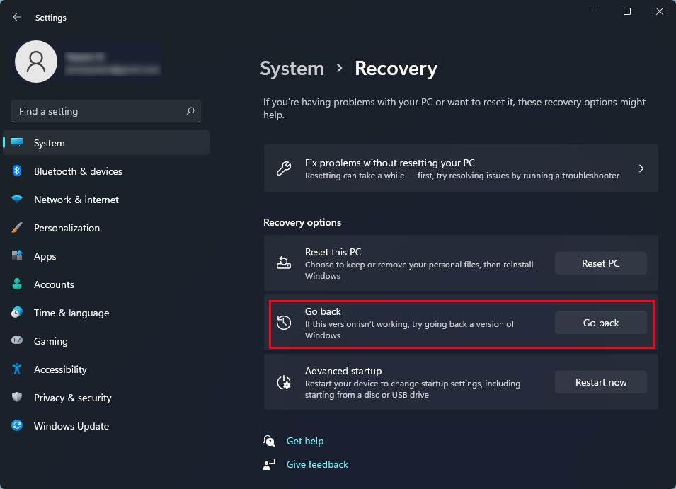 go back to the previous version of Windows via Settings