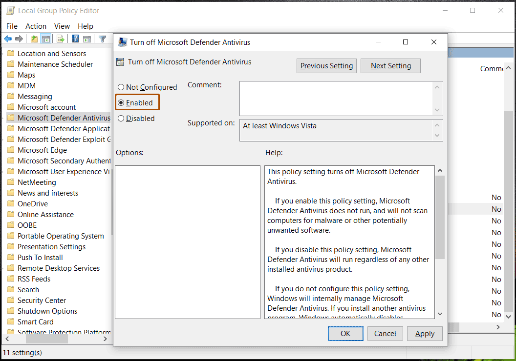 turn off Windows Defender in Group Policy