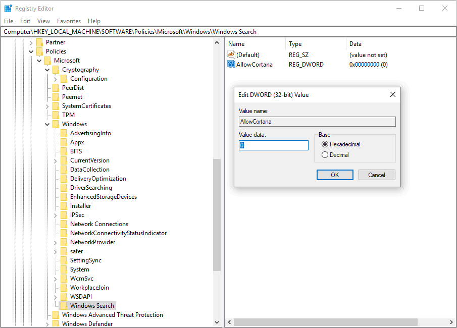 disable Cortana in Registry