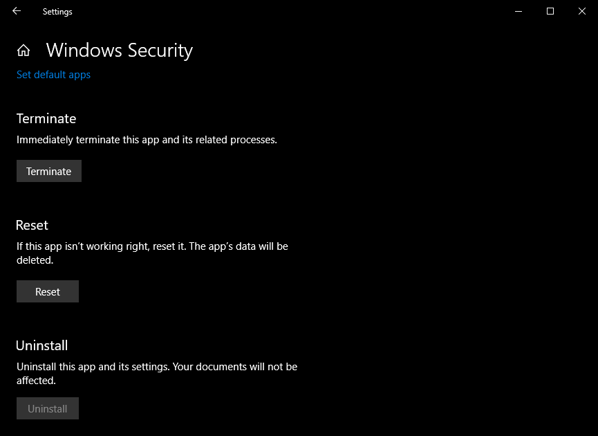 reset or repair Windows Security