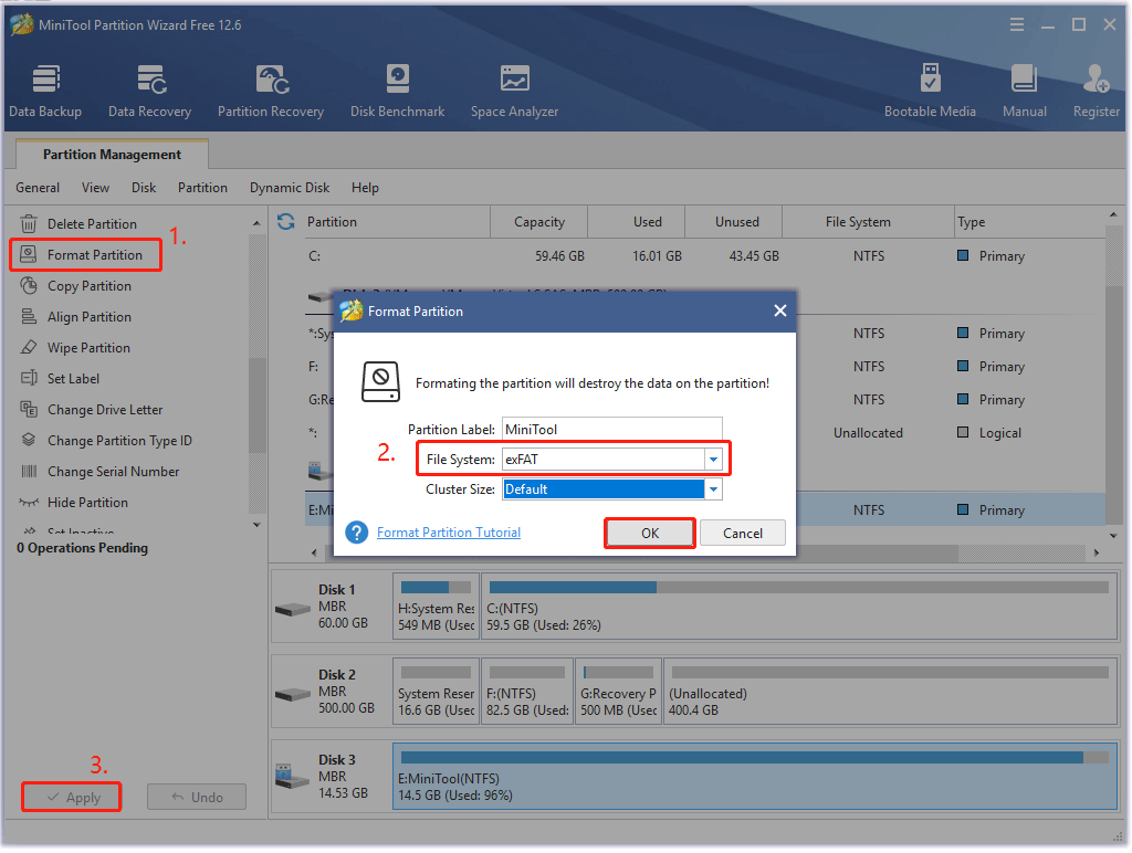 format an SD card or USB drive using the MiniTool Partition Wizard