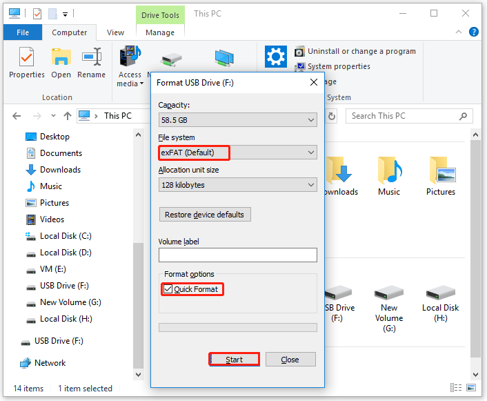 format an SD card or USB drive via File Explorer