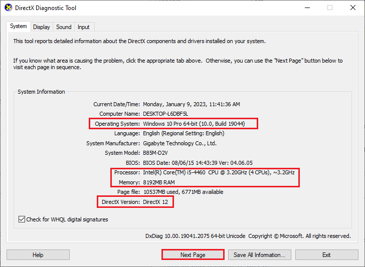 view the DirectX version and other system information