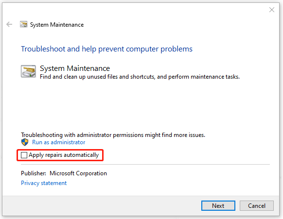 uncheck Apply repairs automatically
