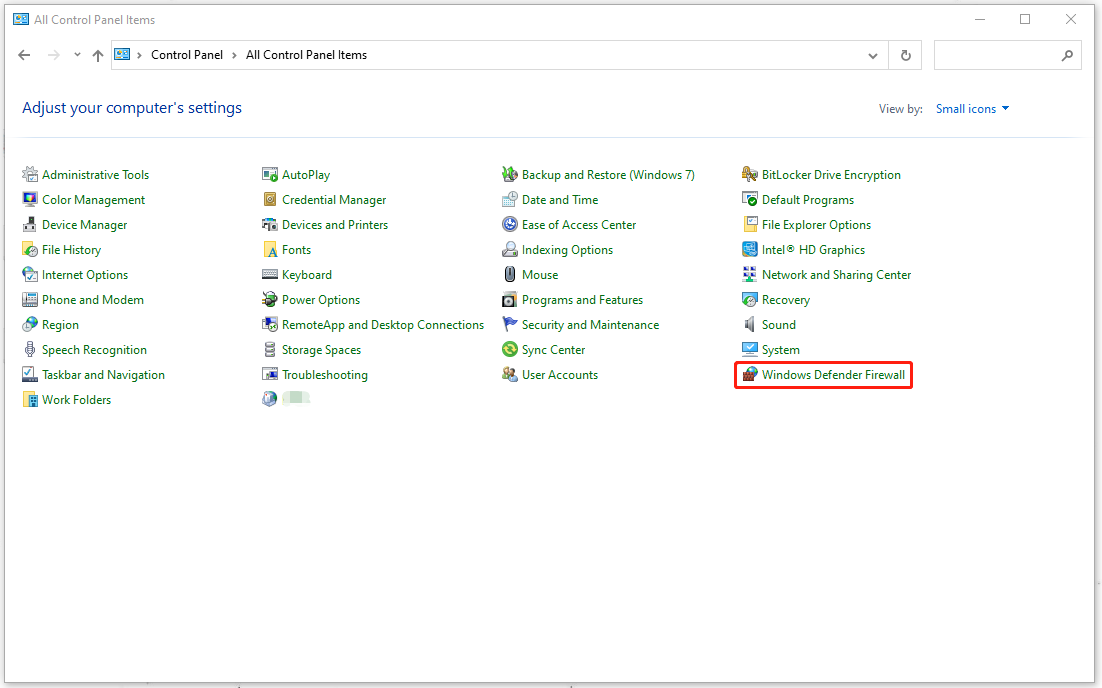 choose Windows Defender Firewall
