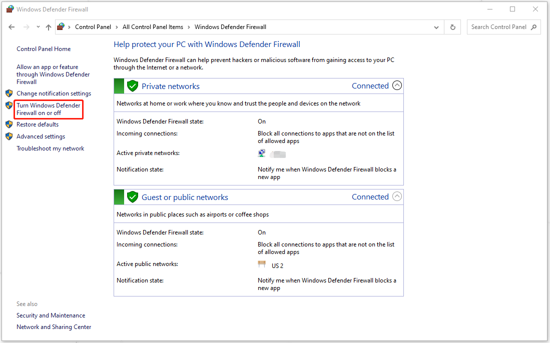 Turn Windows Defender Firewall on and off