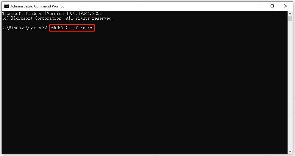 input chkdsk C: /f /r /x