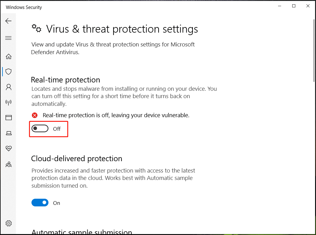 disable Windows Defender real-time protection