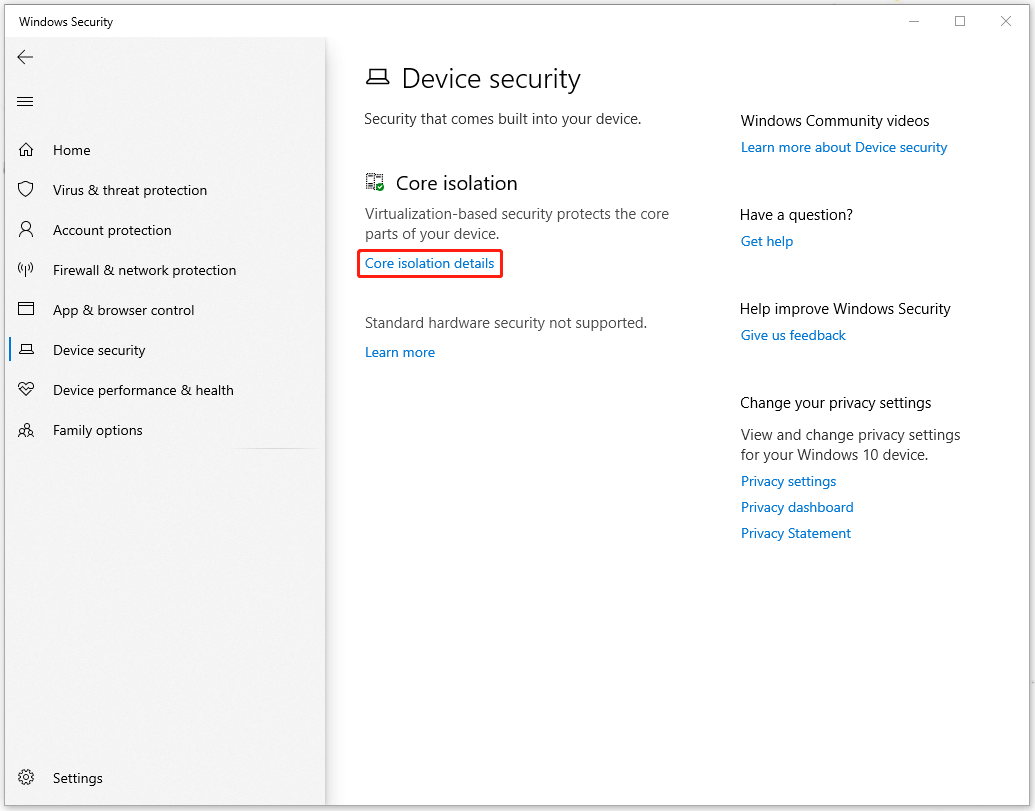 Enable cors. Device Security >> Core Isolation details.