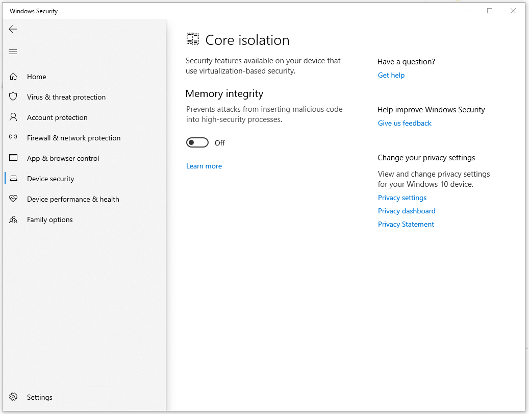 enable Memory integrity
