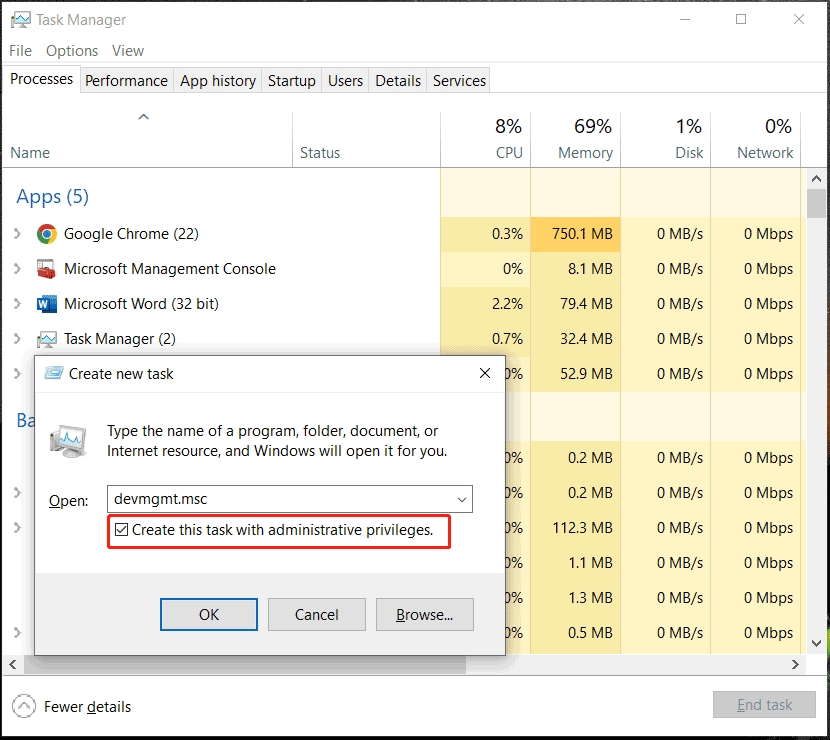 run Device Manager with admin rights