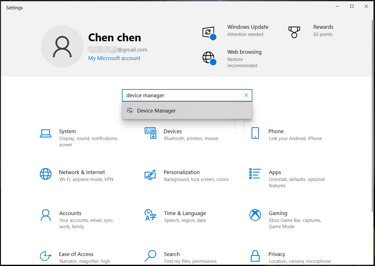 open Device Manager via Settings