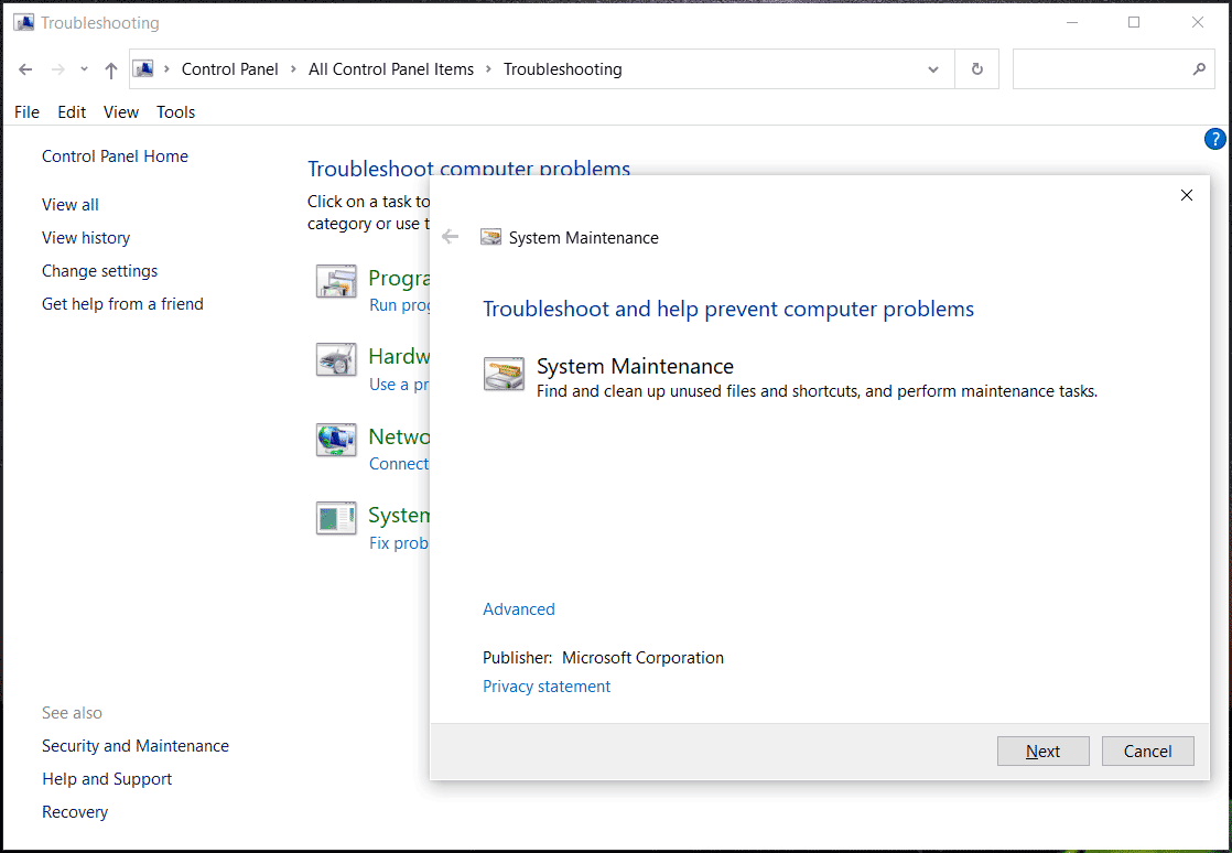 run Windows System Maintenance troubleshooter
