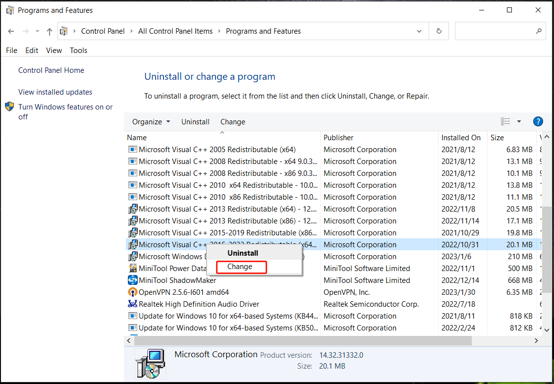 Microsoft Visual C++ in programs list