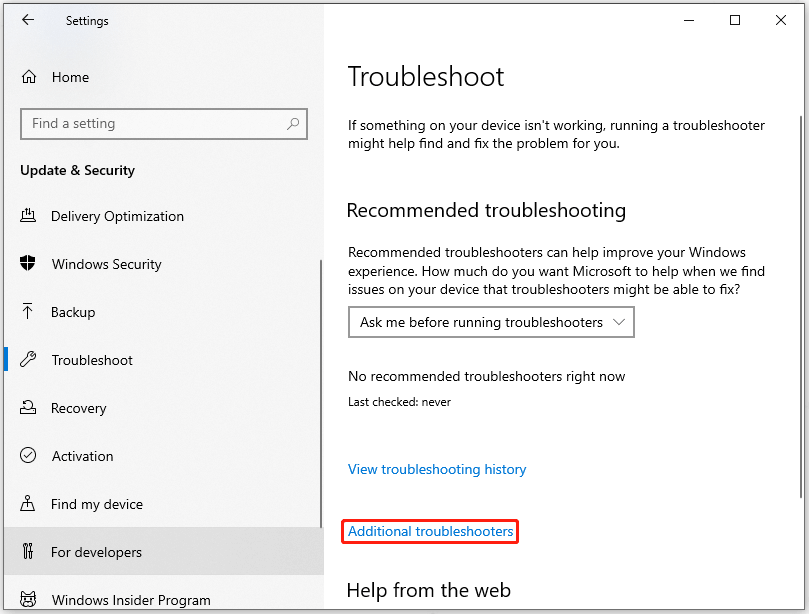 click Additional troubleshooters