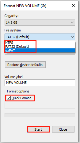 format the selected storage device