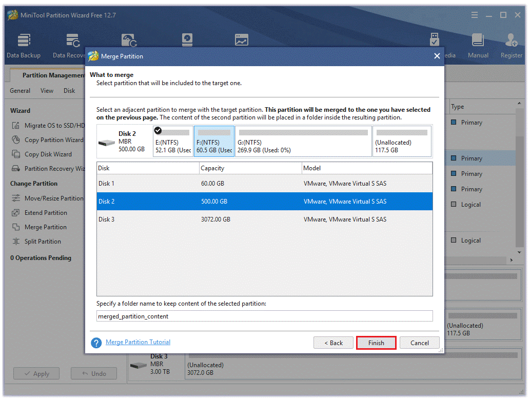 select the partition you want to merge with and click Finish