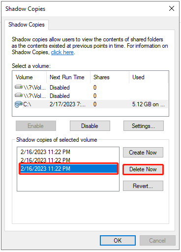 delete shadow copies on Windows Server