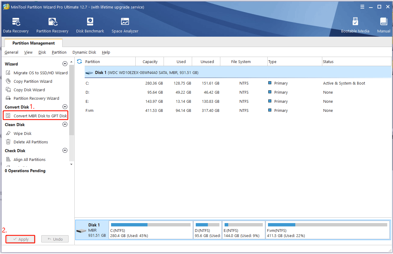 convert MBR to GPT using the MiniTool software