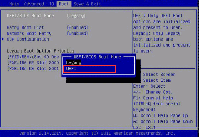 select UEFI in BIOS mode