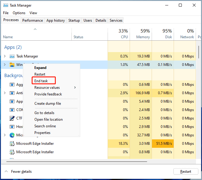 end Windows Explorer in Task Manager