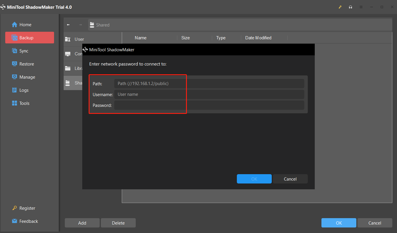 enter network drive’s path, username, and password