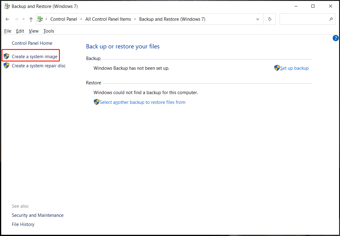 Windows create a system image