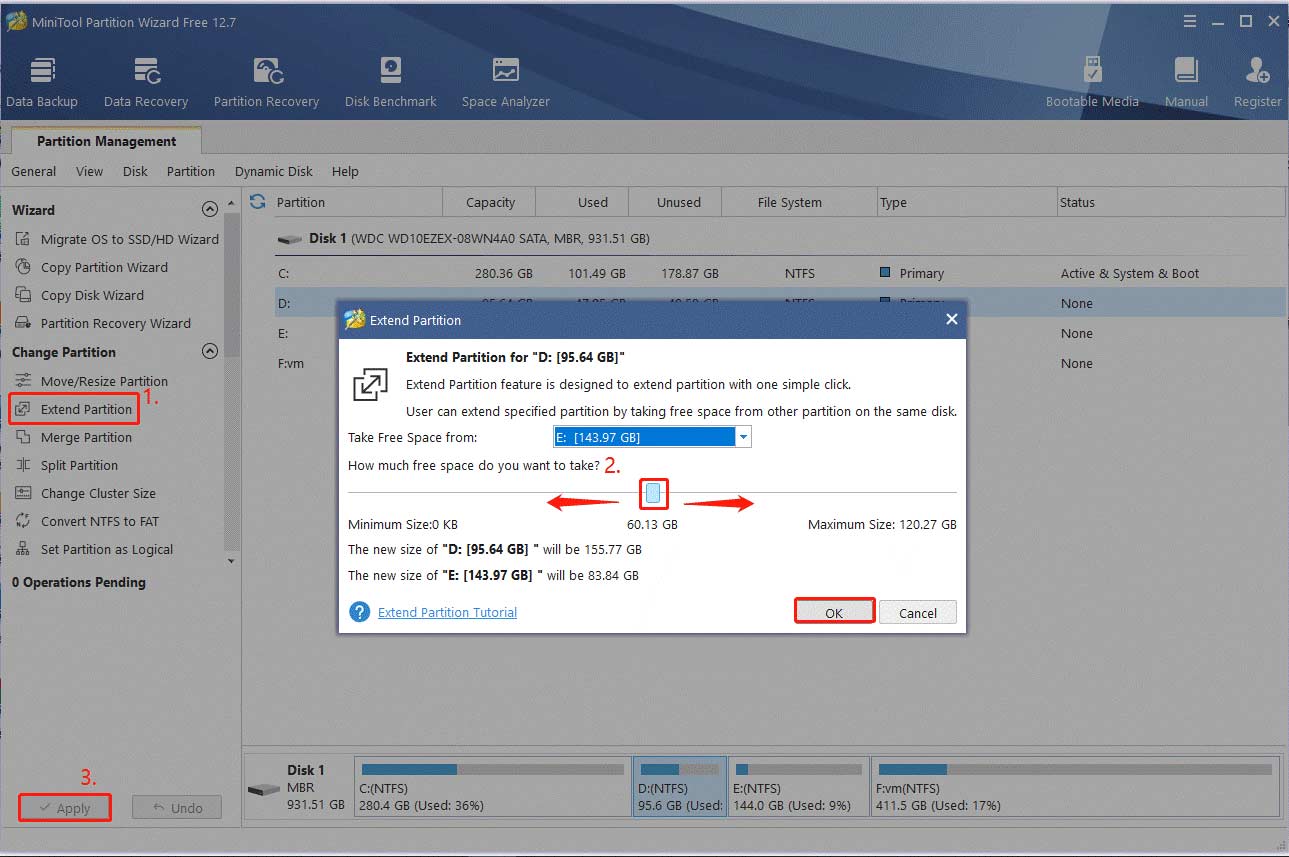 extend partition using the MiniTool software