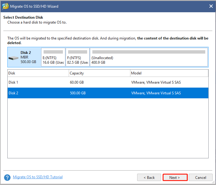 select a destination disk on MiniTool