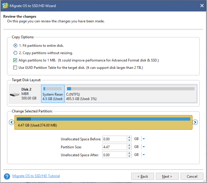 select a copy option on MiniTool