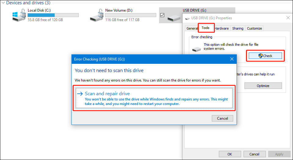 click Scan and repair drive